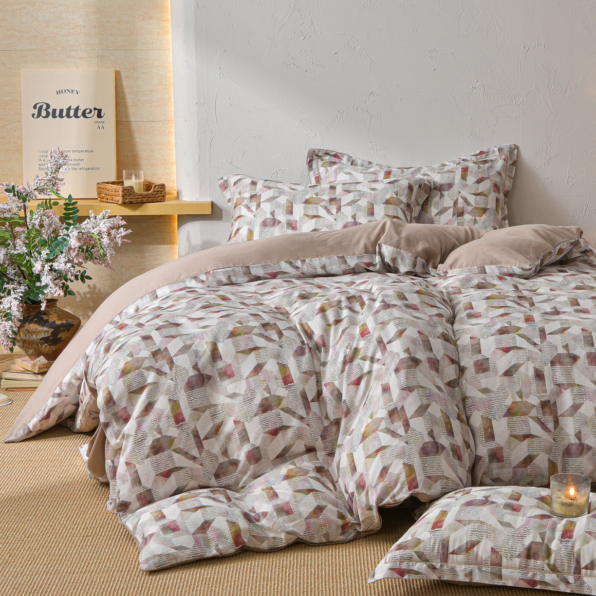 91家纺网 家纺一手货源 找家纺 金昱纺 2026新款全棉纯棉双层纱印花四件套 维亚-咖