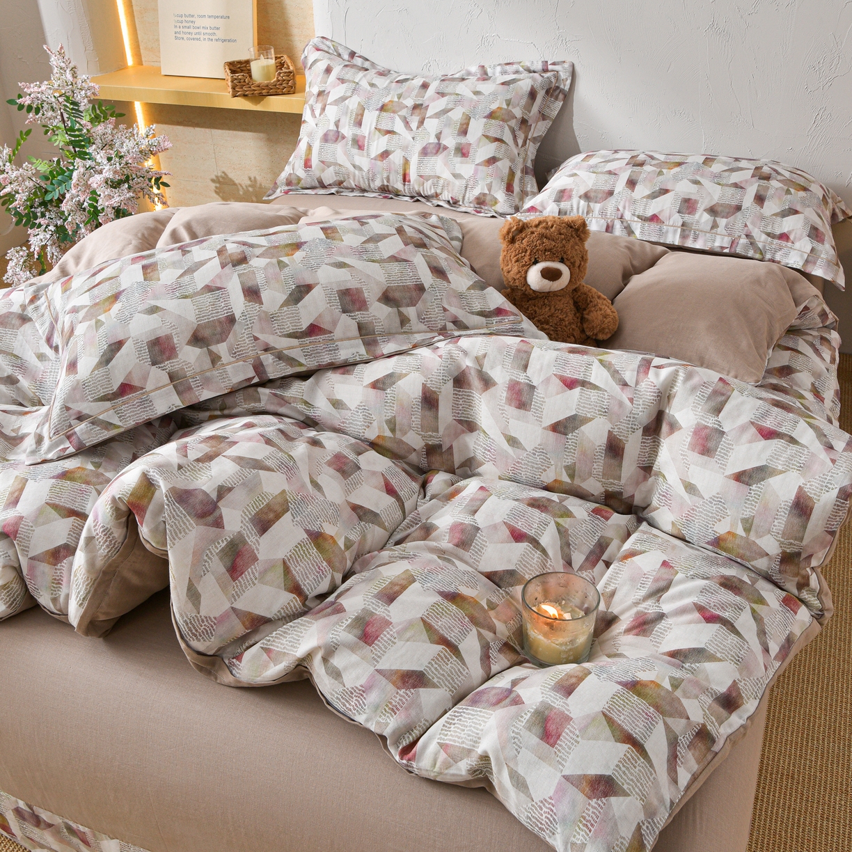 91家纺网 家纺一手货源 找家纺 金昱纺 2026新款全棉纯棉双层纱印花四件套 维亚-咖