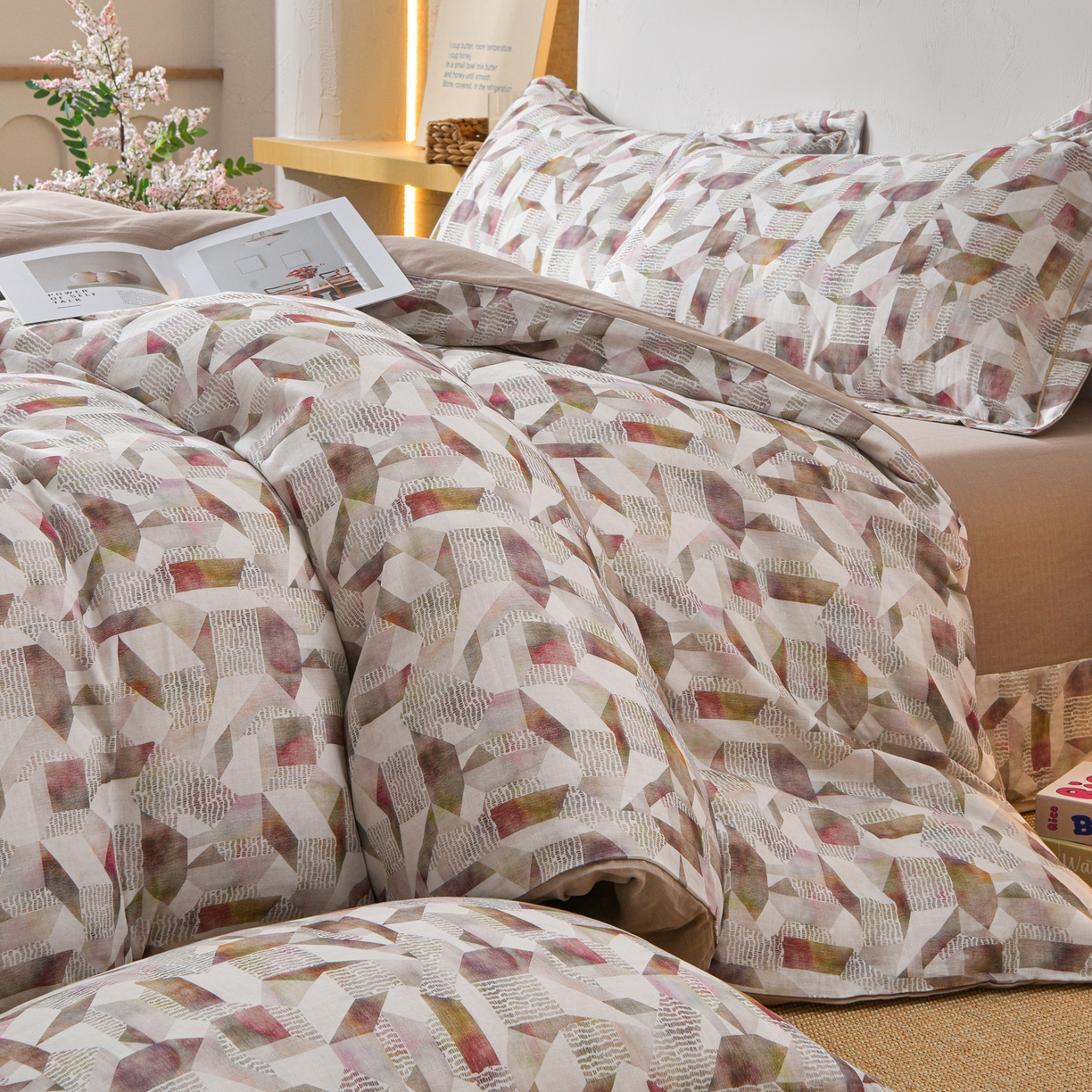 91家纺网 家纺一手货源 找家纺 金昱纺 2026新款全棉纯棉双层纱印花四件套 维亚-咖