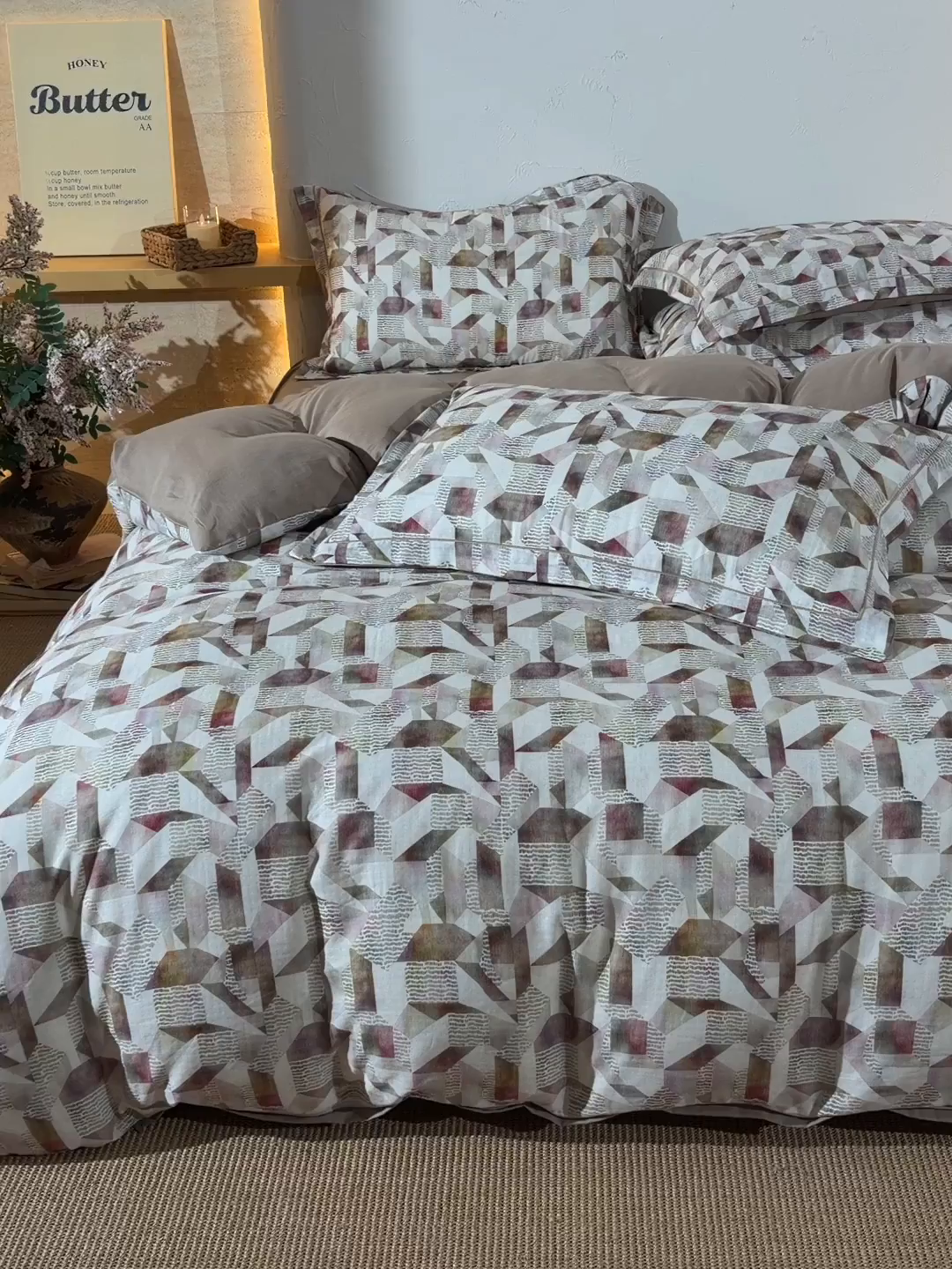 91家纺网 家纺一手货源 找家纺 金昱纺 2026新款全棉纯棉双层纱印花四件套 维亚-咖