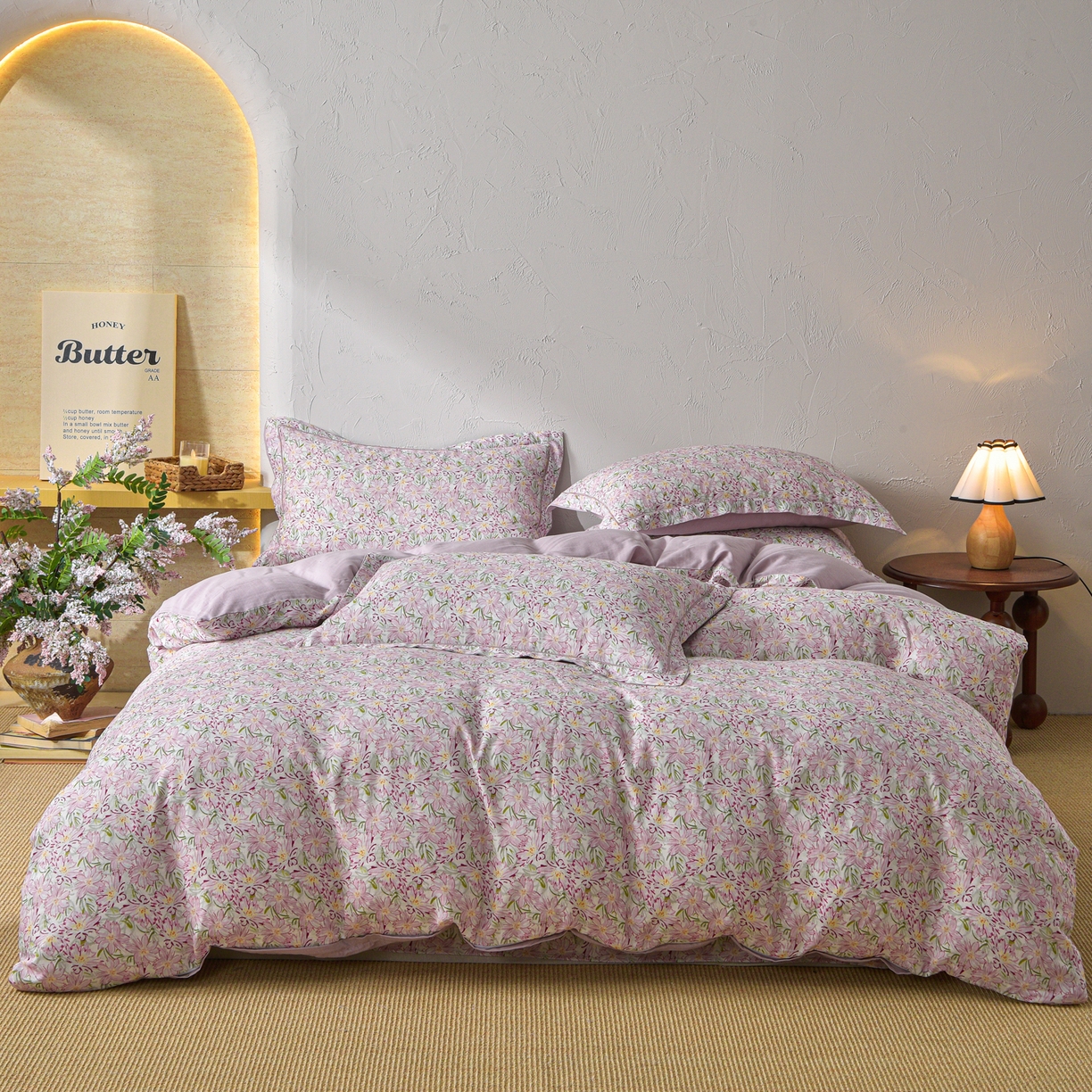 金昱纺 2026新款全棉纯棉双层纱印花四件套 香忆源-粉