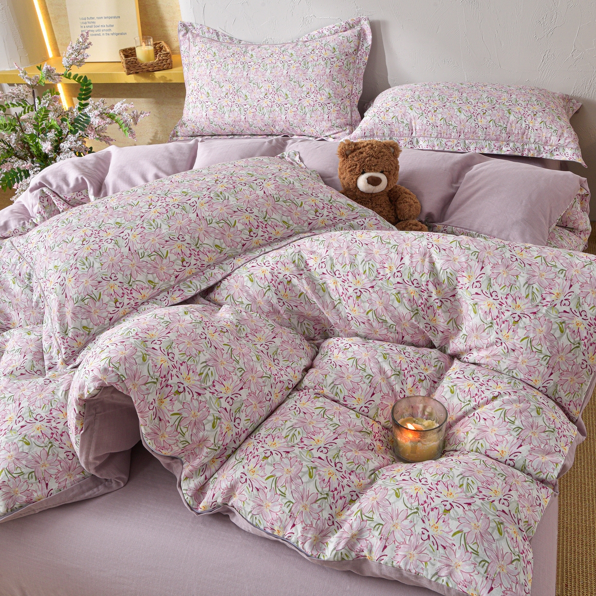 91家纺网 家纺一手货源 找家纺 金昱纺 2026新款全棉纯棉双层纱印花四件套 香忆源-粉