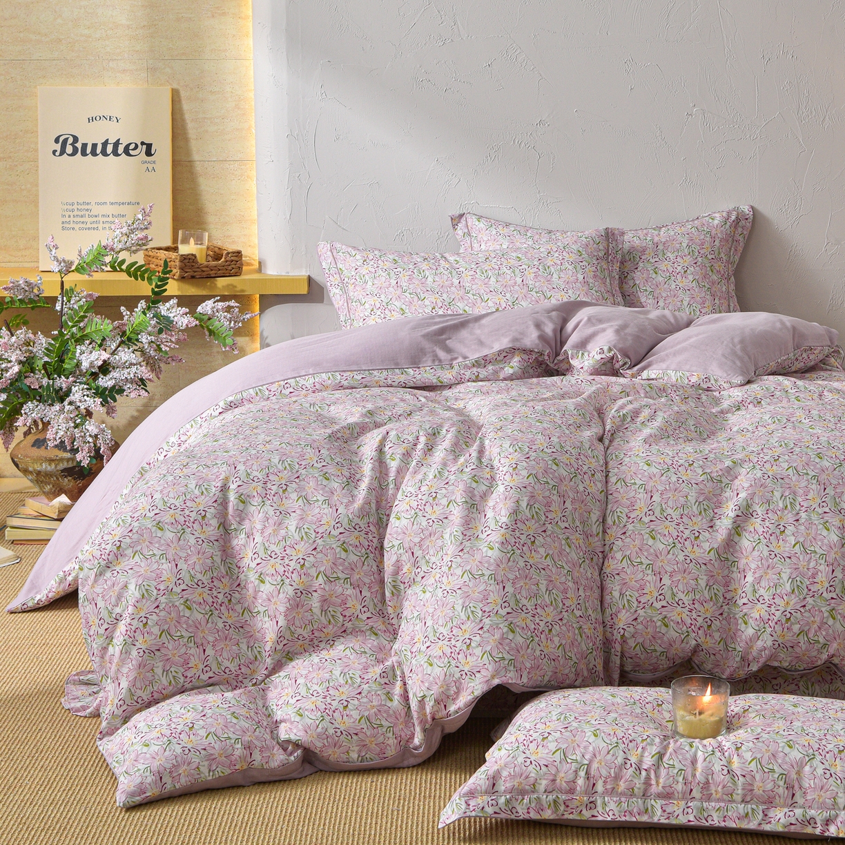 91家纺网 家纺一手货源 找家纺 金昱纺 2026新款全棉纯棉双层纱印花四件套 香忆源-粉