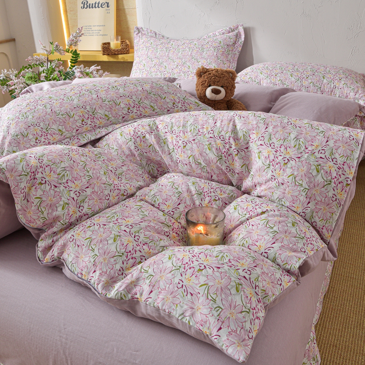 91家纺网 家纺一手货源 找家纺 金昱纺 2026新款全棉纯棉双层纱印花四件套 香忆源-粉