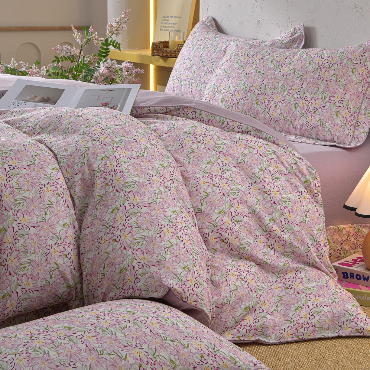 91家纺网 家纺一手货源 找家纺 金昱纺 2026新款全棉纯棉双层纱印花四件套 香忆源-粉