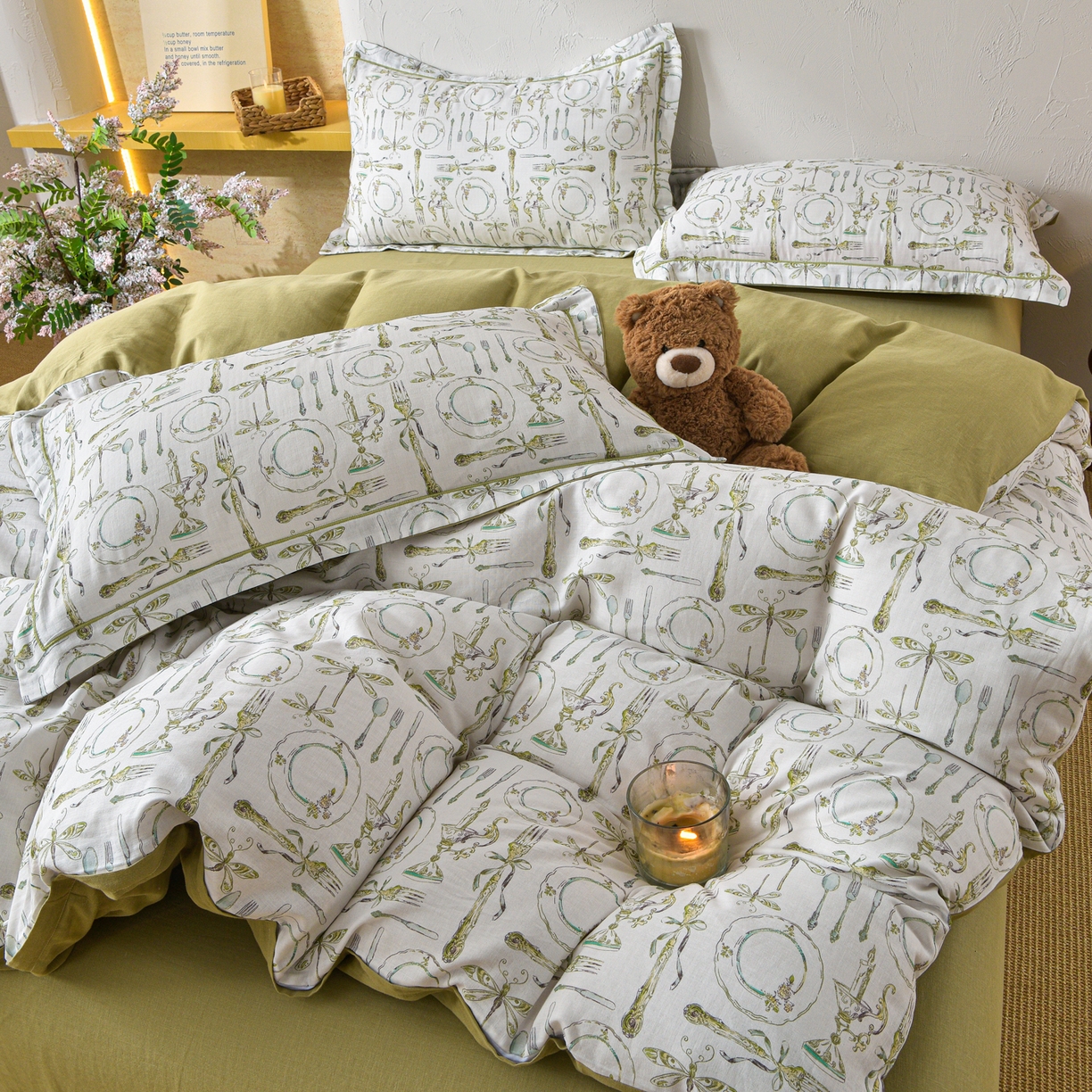 91家纺网 家纺一手货源 找家纺 金昱纺 2026新款全棉纯棉双层纱印花四件套 中世纪-绿