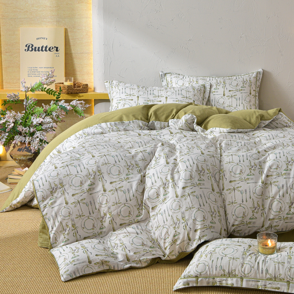 91家纺网 家纺一手货源 找家纺 金昱纺 2026新款全棉纯棉双层纱印花四件套 中世纪-绿