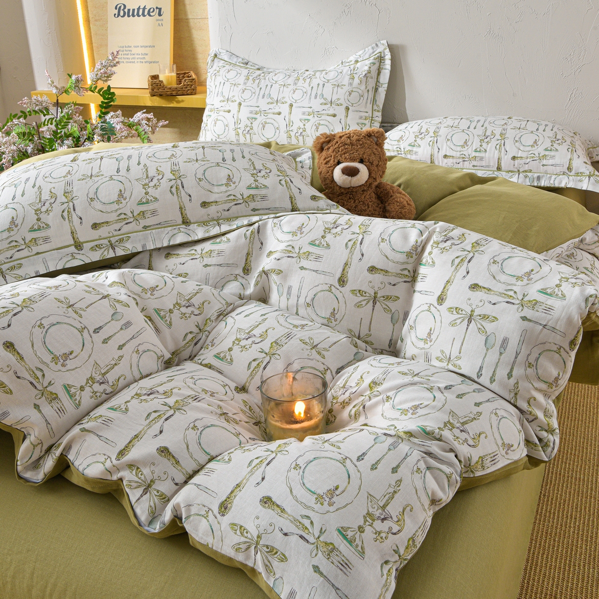 91家纺网 家纺一手货源 找家纺 金昱纺 2026新款全棉纯棉双层纱印花四件套 中世纪-绿