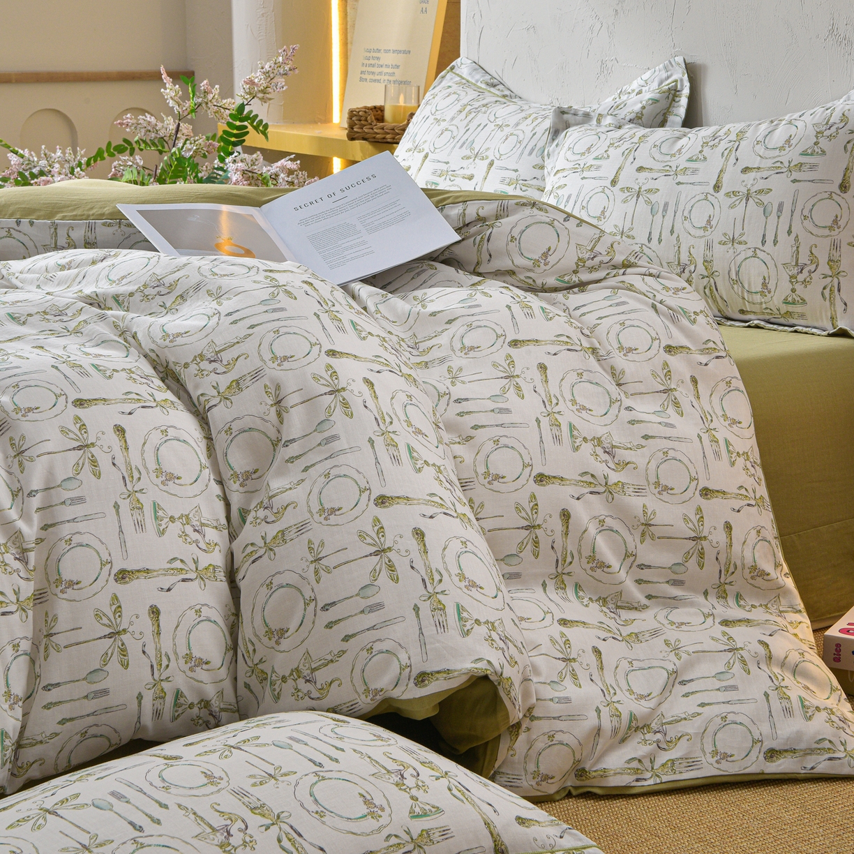 91家纺网 家纺一手货源 找家纺 金昱纺 2026新款全棉纯棉双层纱印花四件套 中世纪-绿