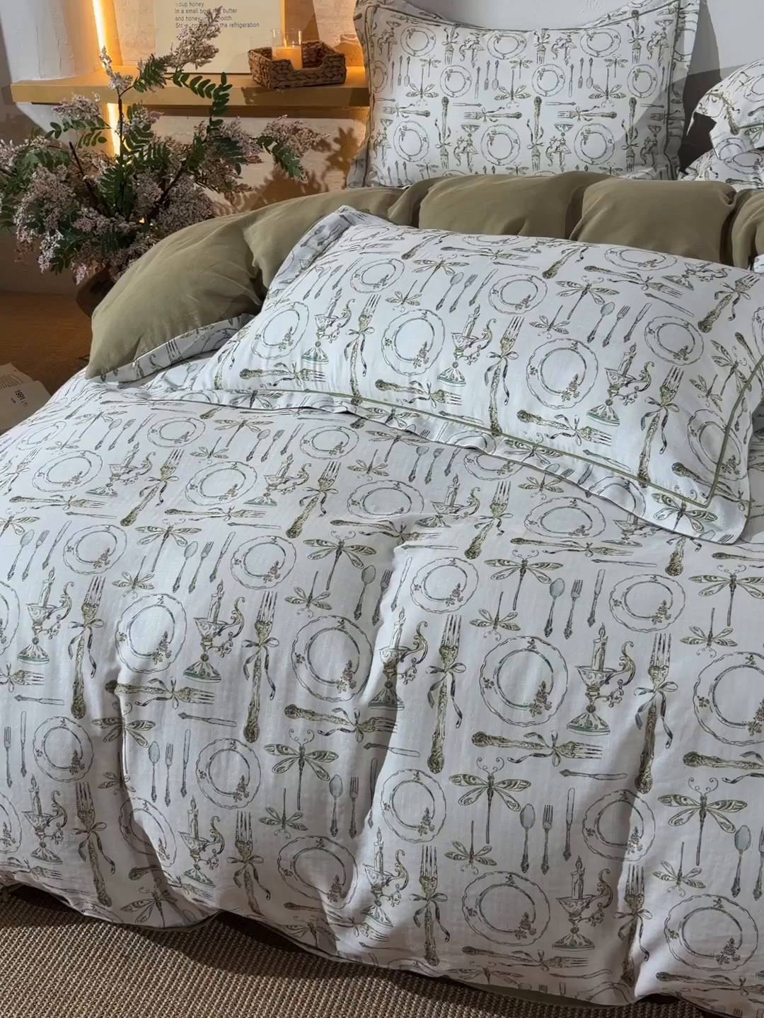 91家纺网 家纺一手货源 找家纺 金昱纺 2026新款全棉纯棉双层纱印花四件套 中世纪-绿