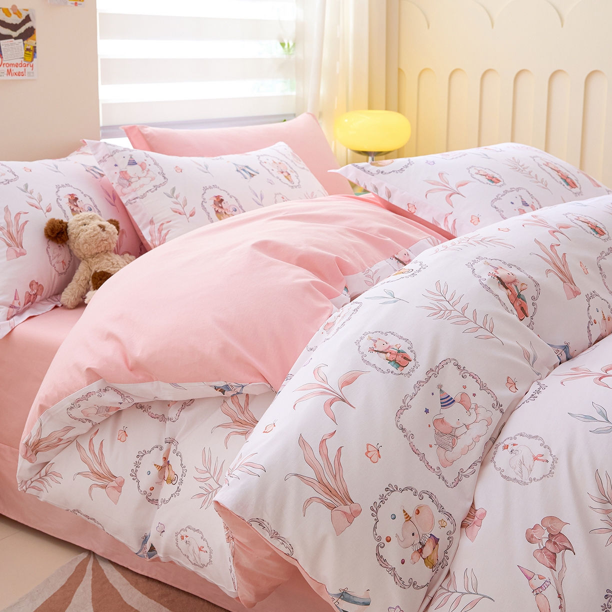 91家纺网 家纺一手货源 找家纺 元元家居（元元被业） 2026新款全棉13372套件及单品【印花款】-三件套 乐园粉