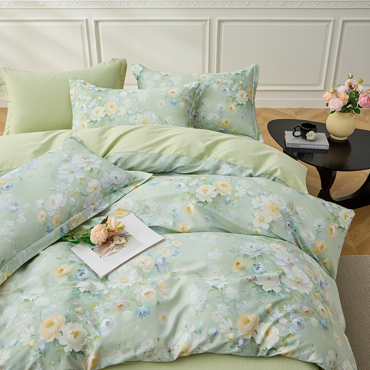 91家纺网 家纺一手货源 找家纺 元元家居（元元被业） 2026新款全棉13372套件及单品【印花款】-三件套 花漾绿