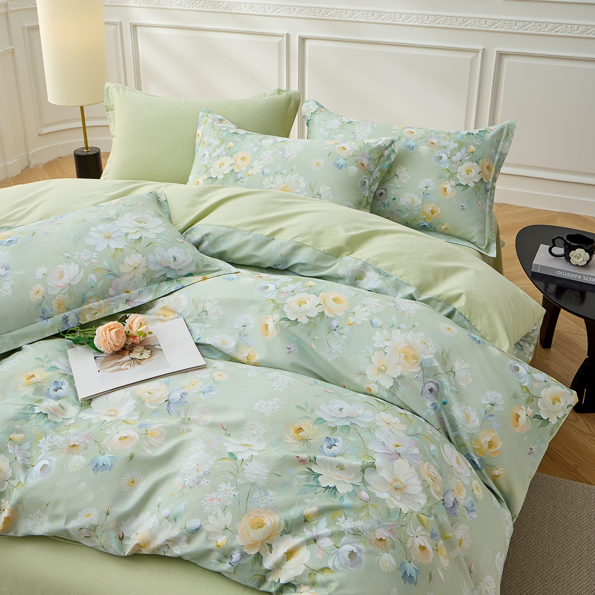 91家纺网 家纺一手货源 找家纺 元元家居（元元被业） 2026新款全棉13372套件及单品【印花款】-三件套 花漾绿