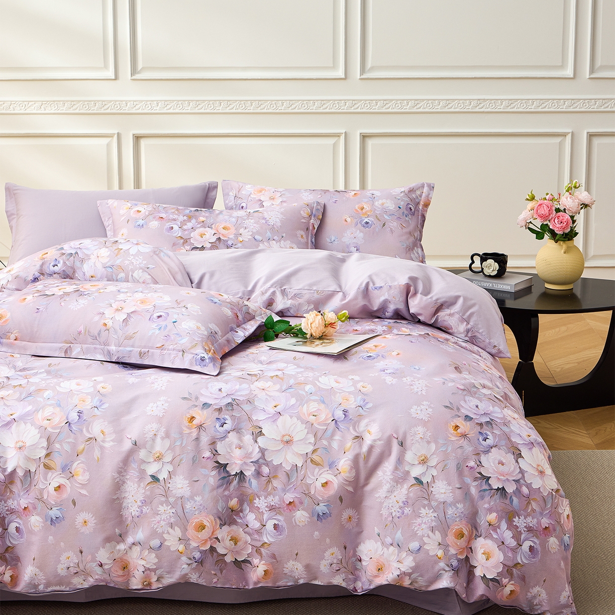 91家纺网 家纺一手货源 找家纺 元元家居（元元被业） 2026新款全棉13372套件及单品【印花款】-三件套 花漾紫