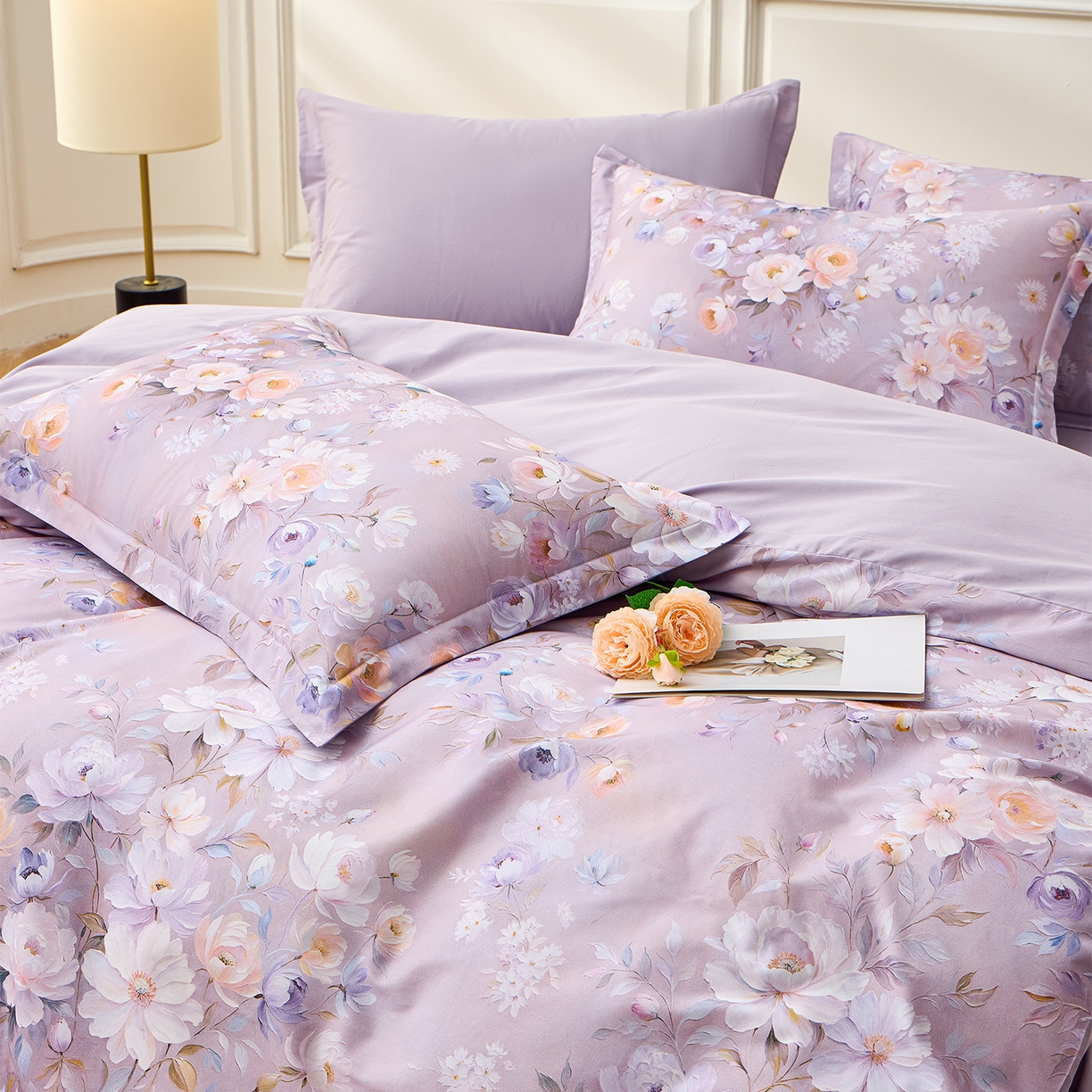 91家纺网 家纺一手货源 找家纺 元元家居（元元被业） 2026新款全棉13372套件及单品【印花款】-三件套 花漾紫