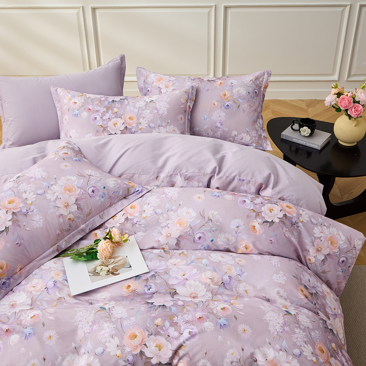 91家纺网 家纺一手货源 找家纺 元元家居（元元被业） 2026新款全棉13372套件及单品【印花款】-三件套 花漾紫