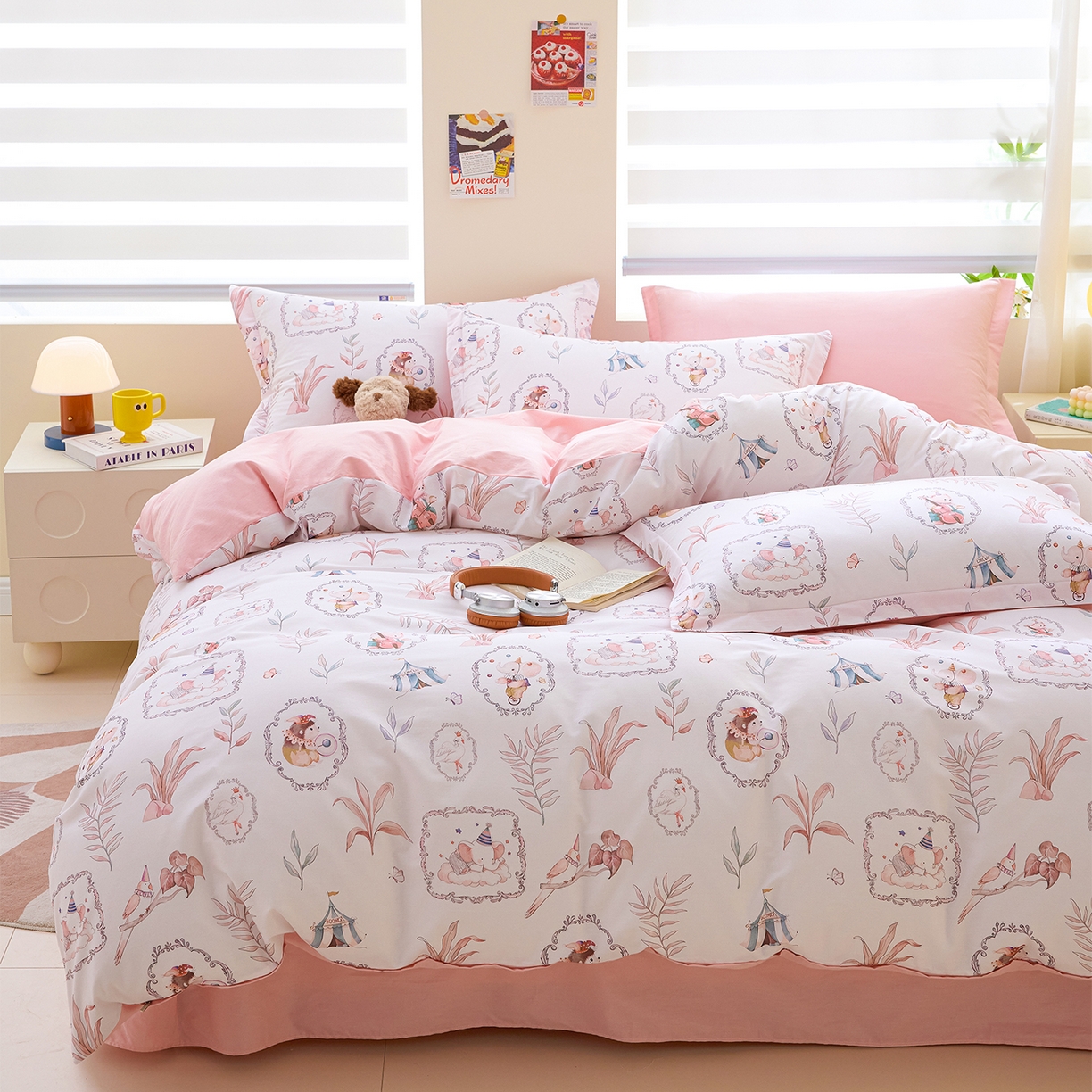 91家纺网 家纺一手货源 找家纺 元元家居（元元被业） 2026新款全棉13372套件及单品【印花款】-三件套 乐园粉