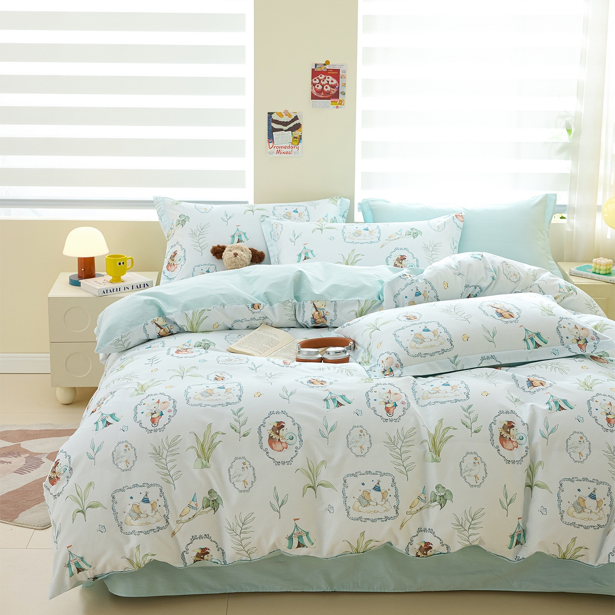 91家纺网 家纺一手货源 找家纺 元元家居（元元被业） 2026新款全棉13372套件及单品【印花款】-三件套 乐园绿