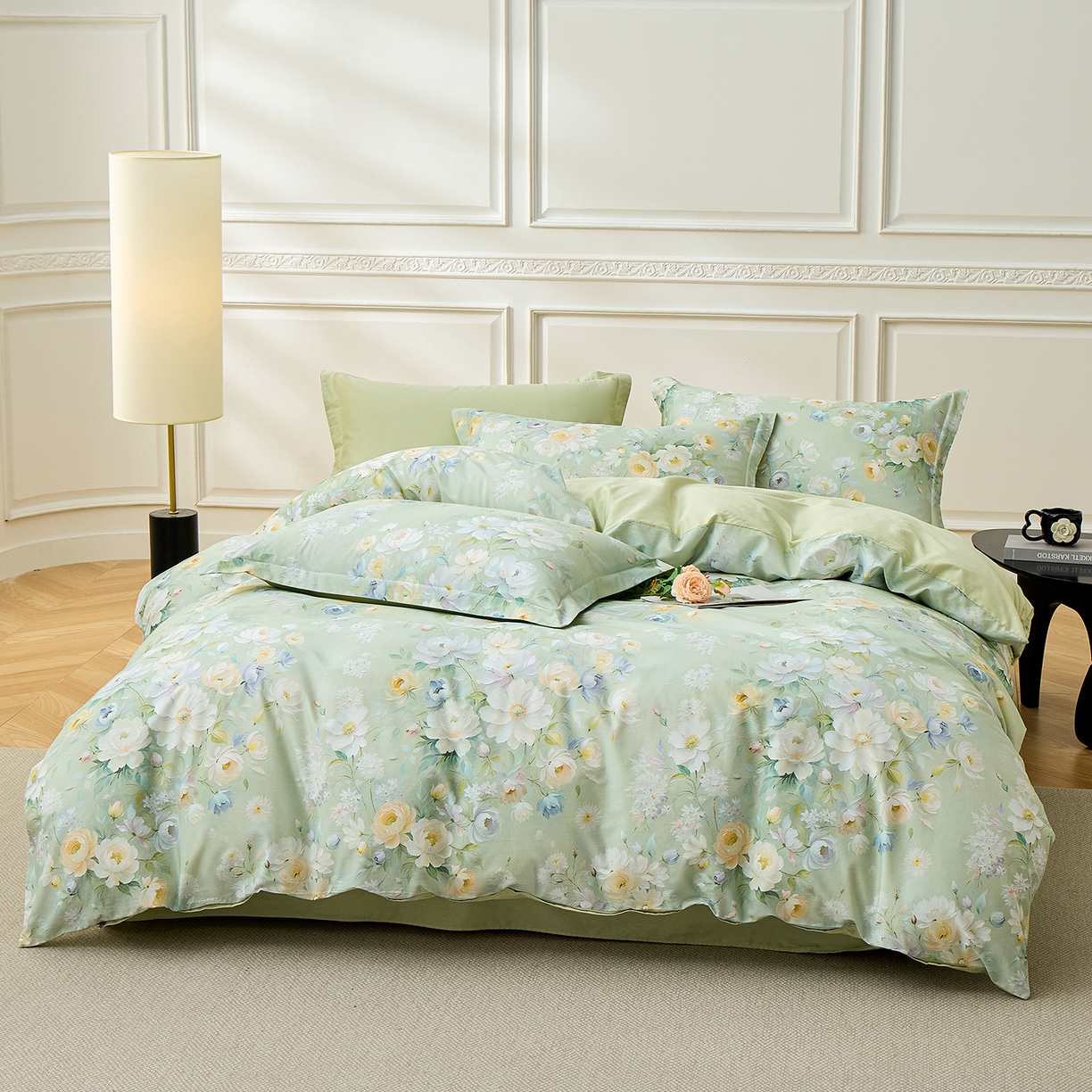 91家纺网 家纺一手货源 找家纺 元元家居（元元被业） 2026新款全棉13372套件及单品【印花款】-四件套 花漾绿