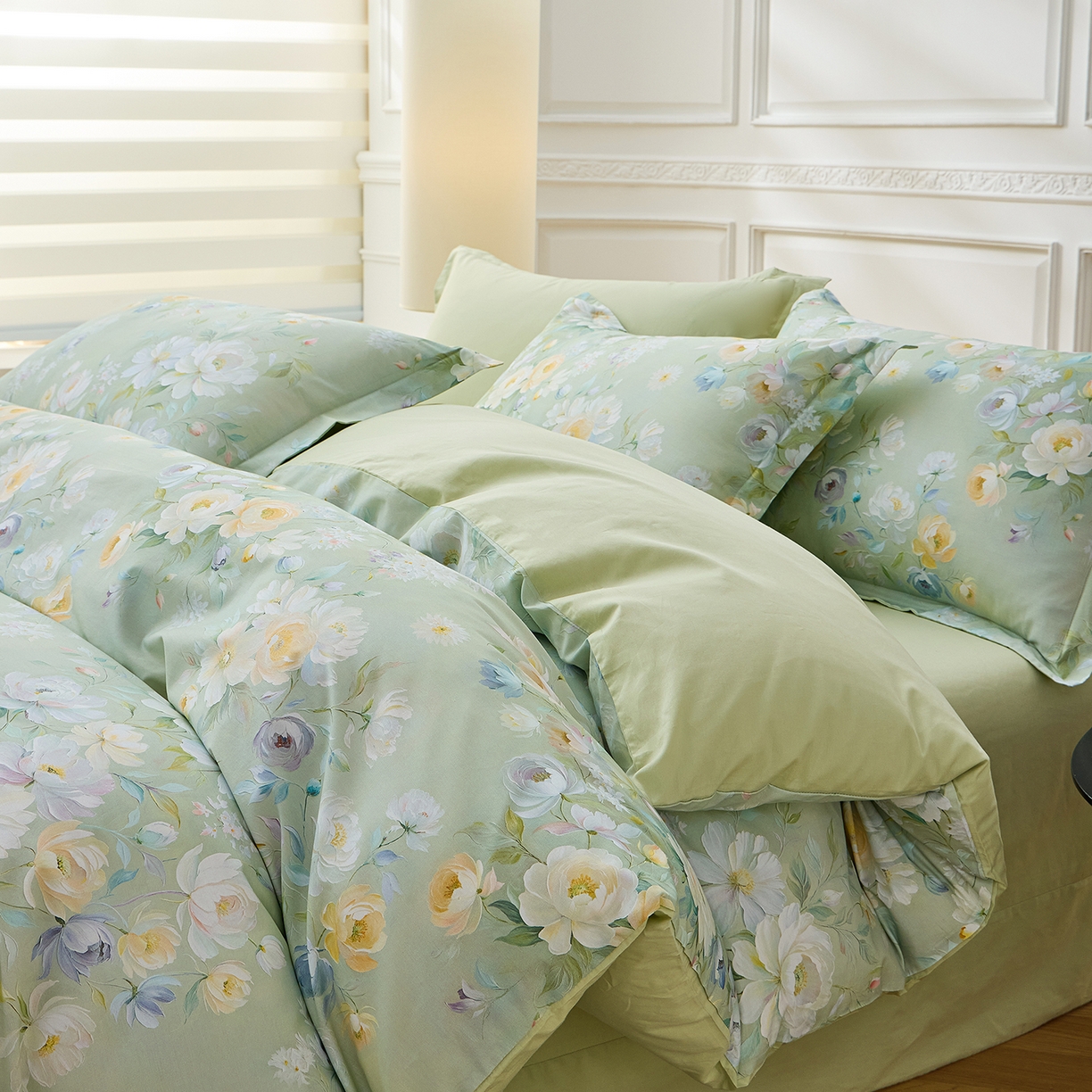 91家纺网 家纺一手货源 找家纺 元元家居（元元被业） 2026新款全棉13372套件及单品【印花款】-四件套 花漾绿