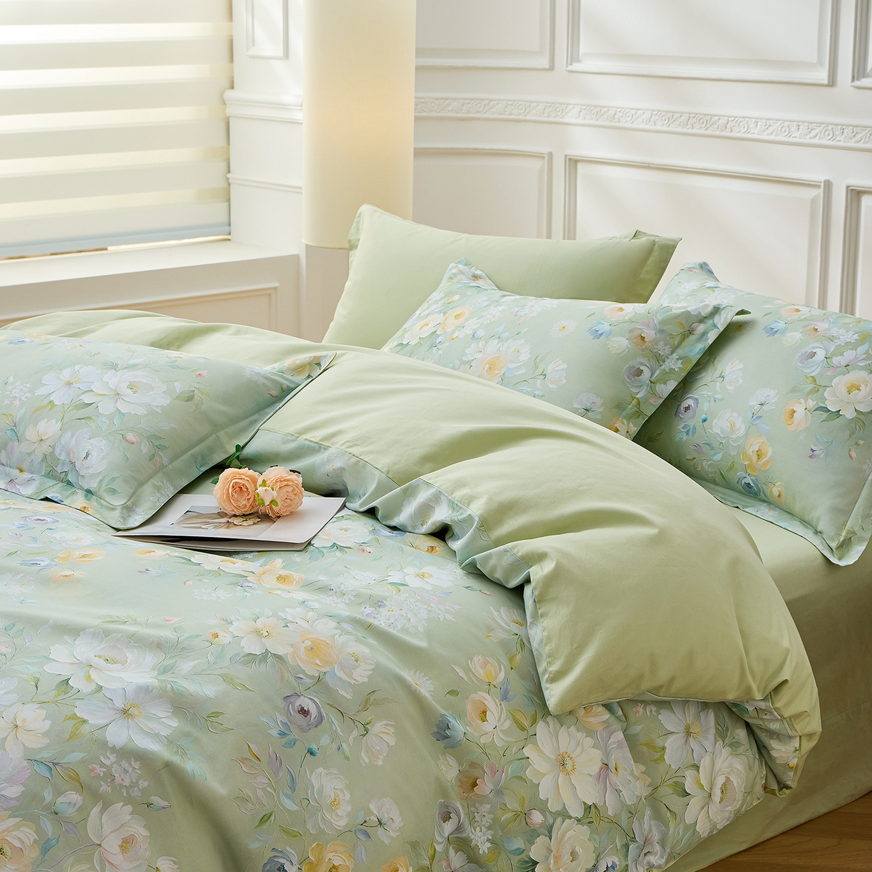 91家纺网 家纺一手货源 找家纺 元元家居（元元被业） 2026新款全棉13372套件及单品【印花款】-四件套 花漾绿