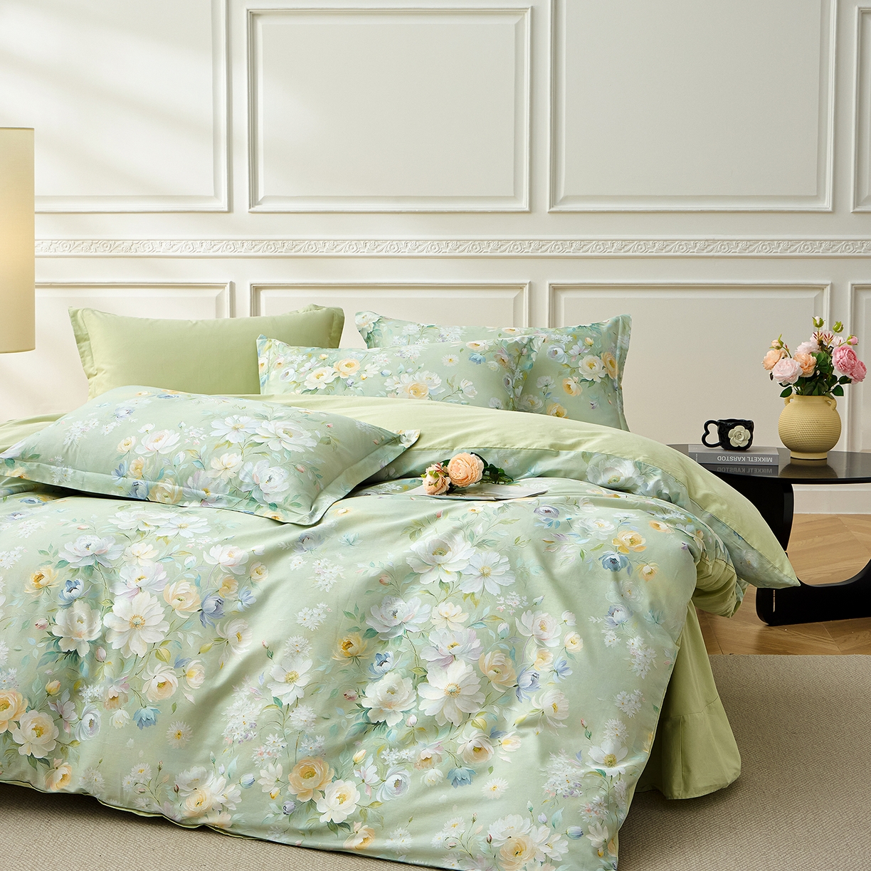 91家纺网 家纺一手货源 找家纺 元元家居（元元被业） 2026新款全棉13372套件及单品【印花款】-四件套 花漾绿