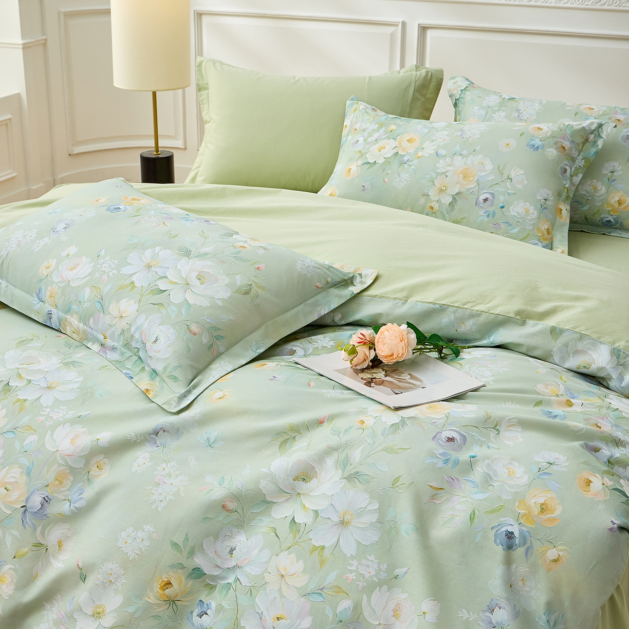 91家纺网 家纺一手货源 找家纺 元元家居（元元被业） 2026新款全棉13372套件及单品【印花款】-四件套 花漾绿