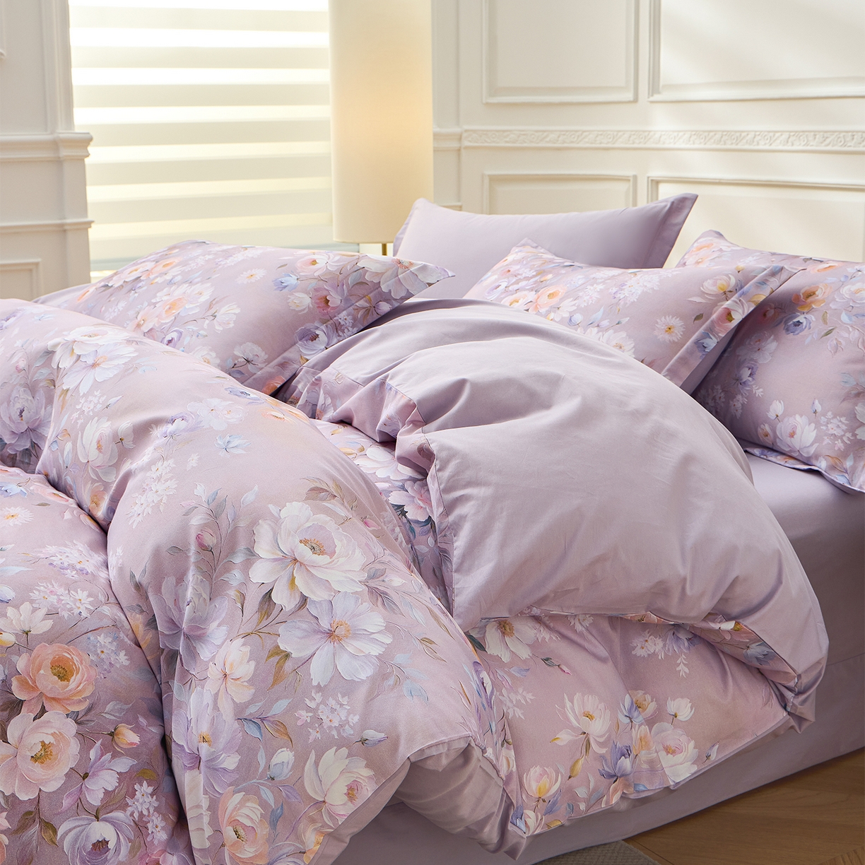 91家纺网 家纺一手货源 找家纺 元元家居（元元被业） 2026新款全棉13372套件及单品【印花款】-四件套 花漾紫