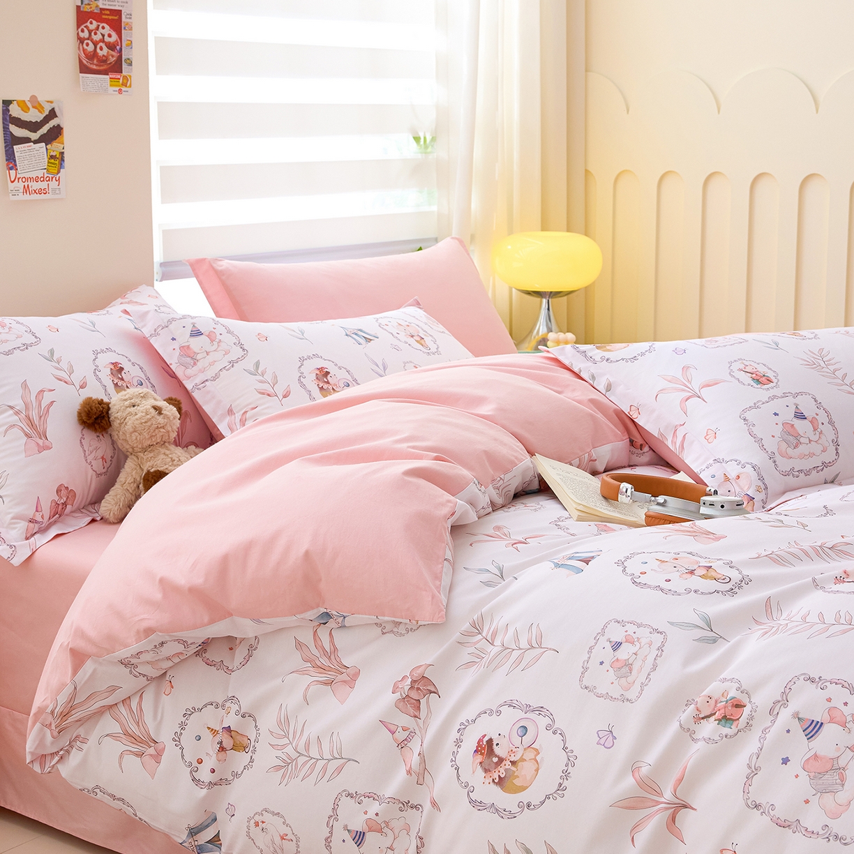 91家纺网 家纺一手货源 找家纺 元元家居（元元被业） 2026新款全棉13372套件及单品【印花款】-四件套 乐园粉