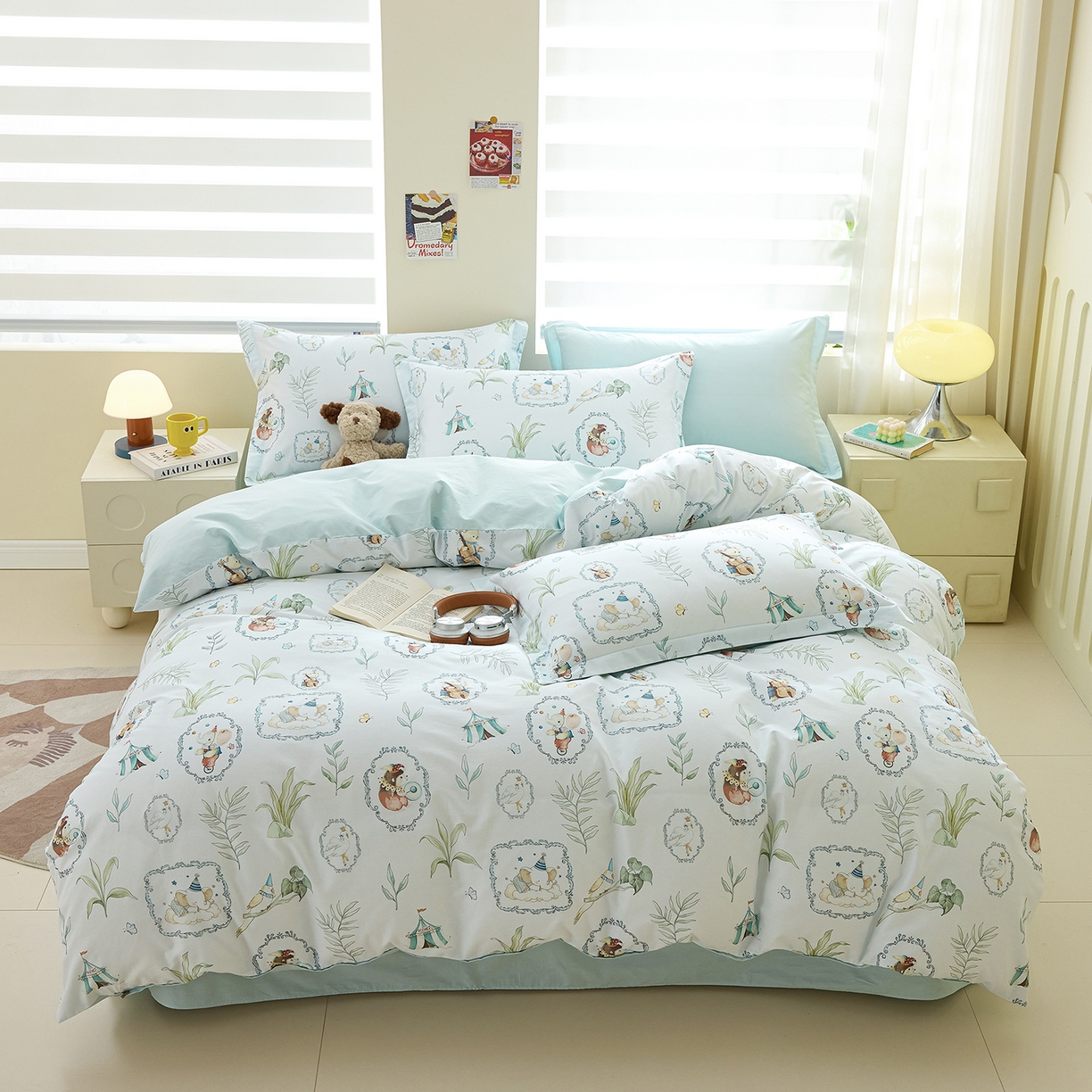 91家纺网 家纺一手货源 找家纺 元元家居（元元被业） 2026新款全棉13372套件及单品【印花款】-四件套 乐园绿