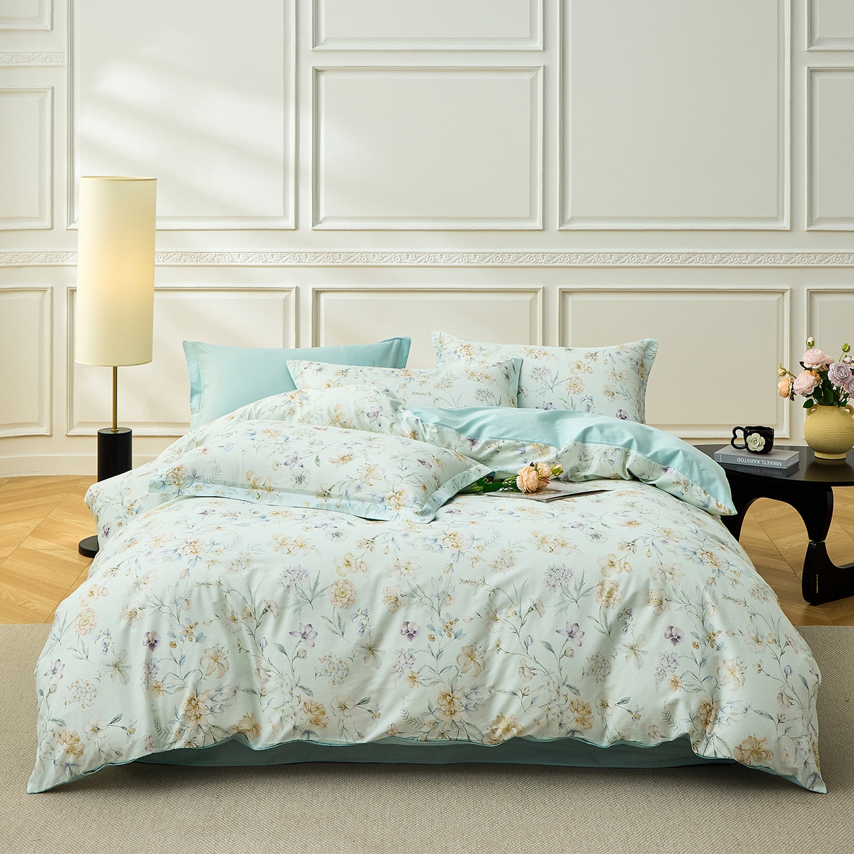 91家纺网 家纺一手货源 找家纺 元元家居（元元被业） 2026新款全棉13372套件及单品【印花款】-被套夹棉四件套 春晓绿