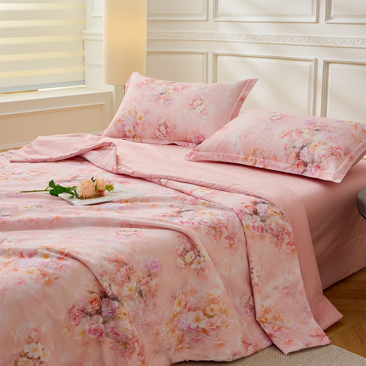 91家纺网 家纺一手货源 找家纺 元元家居（元元被业） 2026新款全棉纯棉13372印花两用夏被夏凉被空调被四件套 芳菲