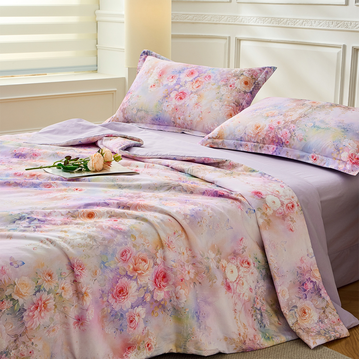 91家纺网 家纺一手货源 找家纺 元元家居（元元被业） 2026新款全棉纯棉13372印花两用夏被夏凉被空调被四件套 红颜