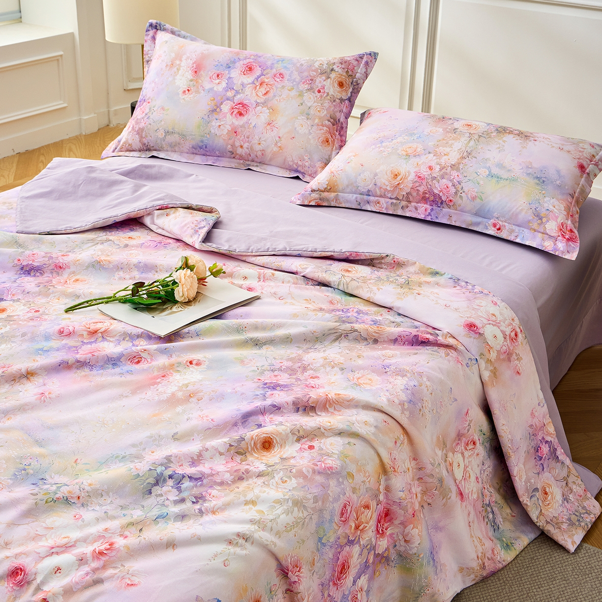 91家纺网 家纺一手货源 找家纺 元元家居（元元被业） 2026新款全棉纯棉13372印花两用夏被夏凉被空调被四件套 红颜