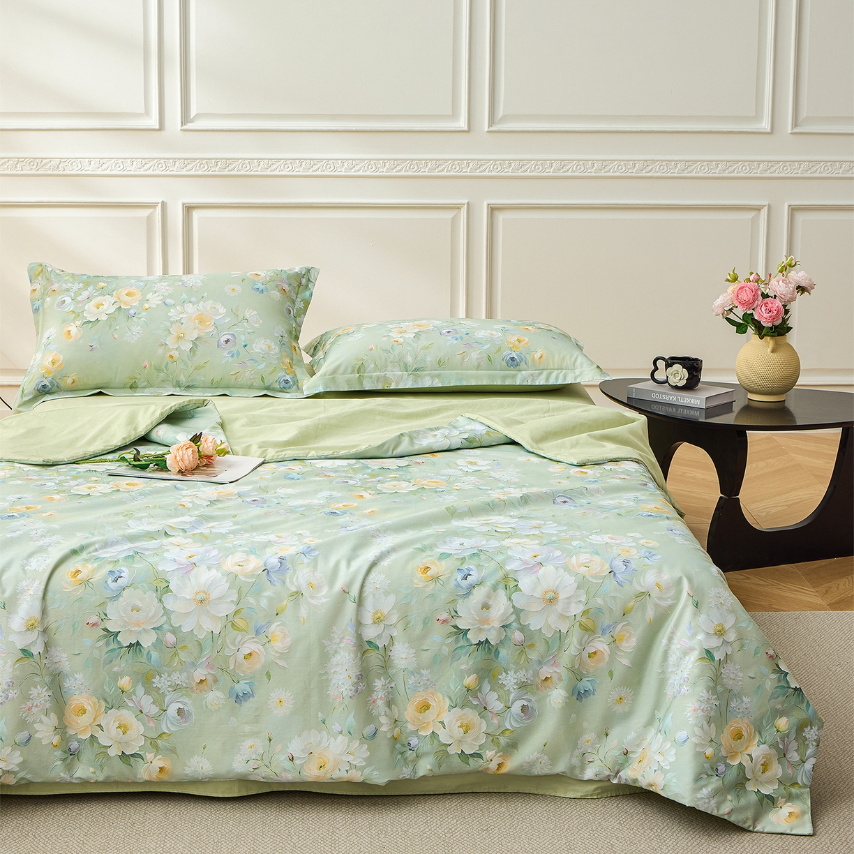 91家纺网 家纺一手货源 找家纺 元元家居（元元被业） 2026新款全棉纯棉13372印花两用夏被夏凉被空调被四件套 花漾绿