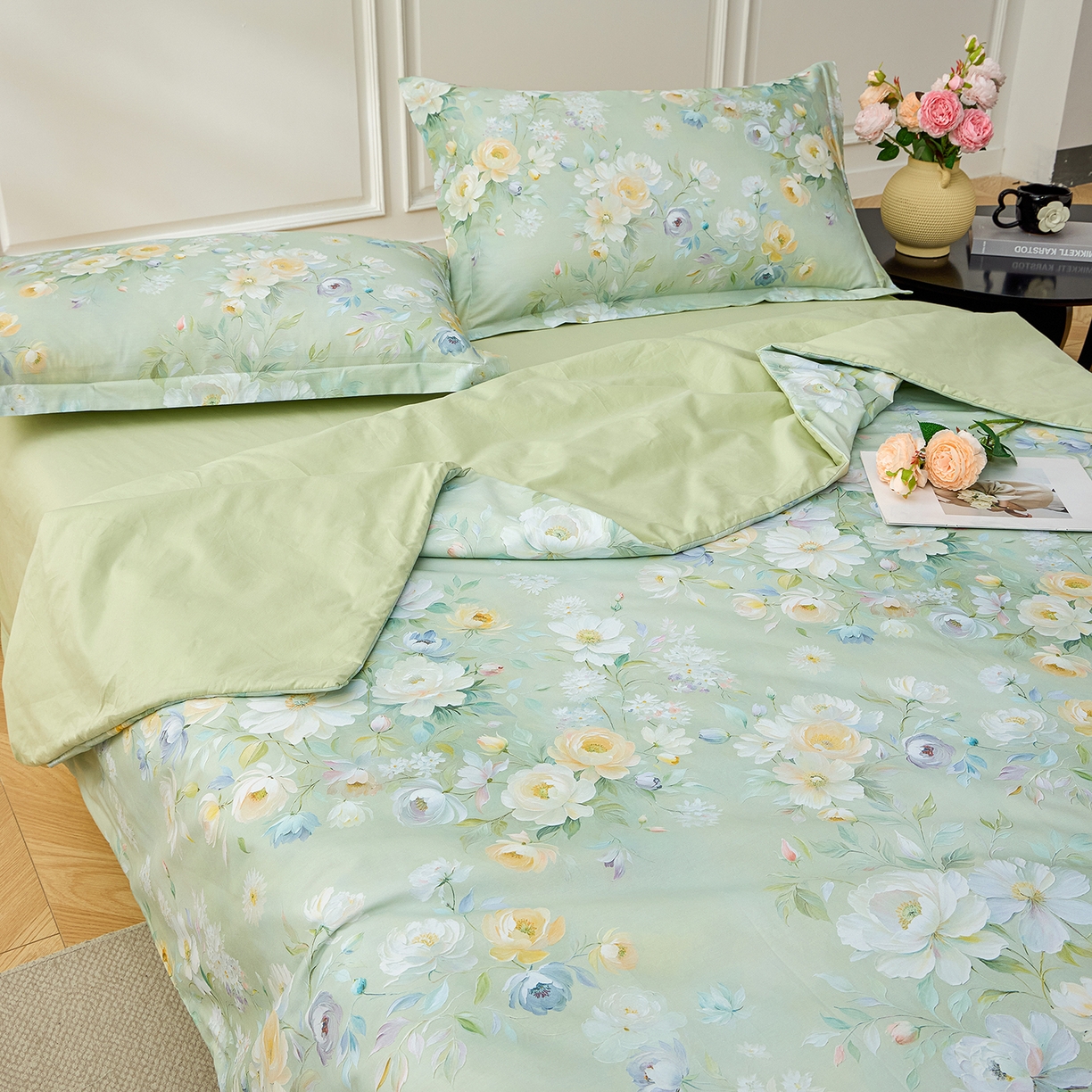 91家纺网 家纺一手货源 找家纺 元元家居（元元被业） 2026新款全棉纯棉13372印花两用夏被夏凉被空调被四件套 花漾绿