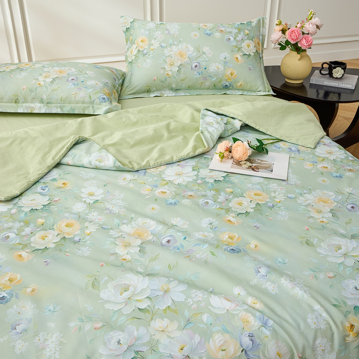 91家纺网 家纺一手货源 找家纺 元元家居（元元被业） 2026新款全棉纯棉13372印花两用夏被夏凉被空调被四件套 花漾绿