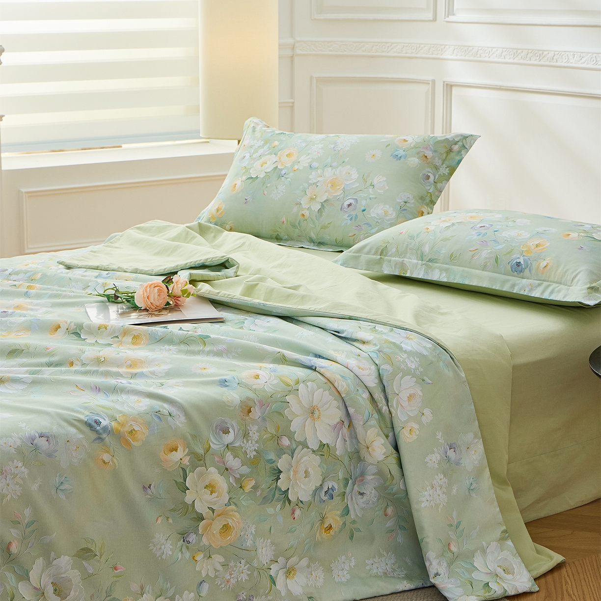 91家纺网 家纺一手货源 找家纺 元元家居（元元被业） 2026新款全棉纯棉13372印花两用夏被夏凉被空调被四件套 花漾绿