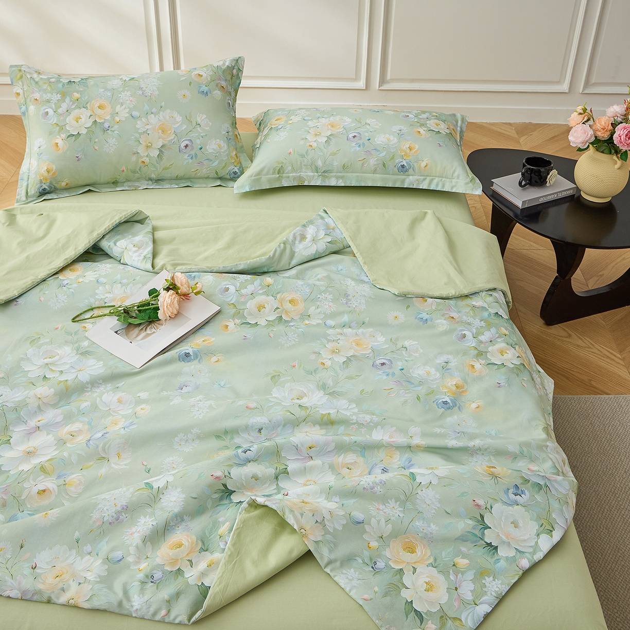 91家纺网 家纺一手货源 找家纺 元元家居（元元被业） 2026新款全棉纯棉13372印花两用夏被夏凉被空调被四件套 花漾绿