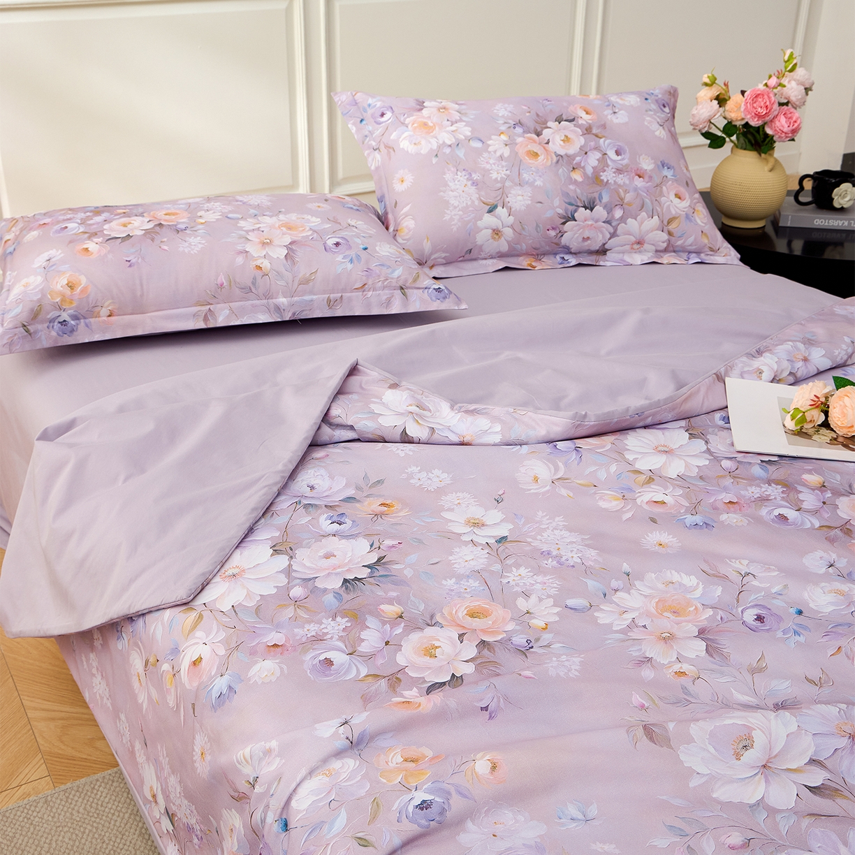 91家纺网 家纺一手货源 找家纺 元元家居（元元被业） 2026新款全棉纯棉13372印花两用夏被夏凉被空调被四件套 花漾紫