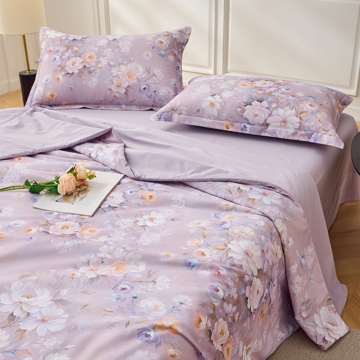 91家纺网 家纺一手货源 找家纺 元元家居（元元被业） 2026新款全棉纯棉13372印花两用夏被夏凉被空调被四件套 花漾紫