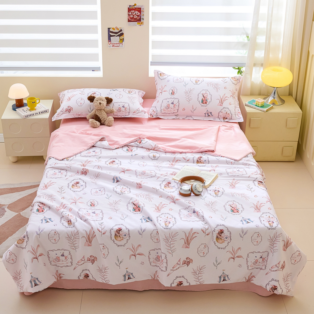 元元家居（元元被业） 2026新款全棉纯棉13372印花两用夏被夏凉被空调被四件套 乐园粉