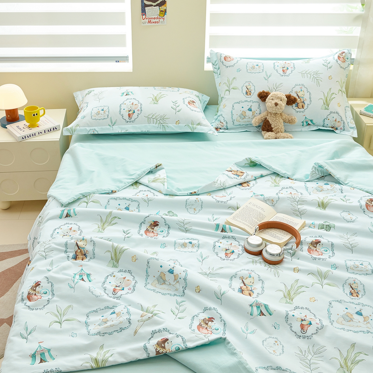 91家纺网 家纺一手货源 找家纺 元元家居（元元被业） 2026新款全棉纯棉13372印花两用夏被夏凉被空调被四件套 乐园绿