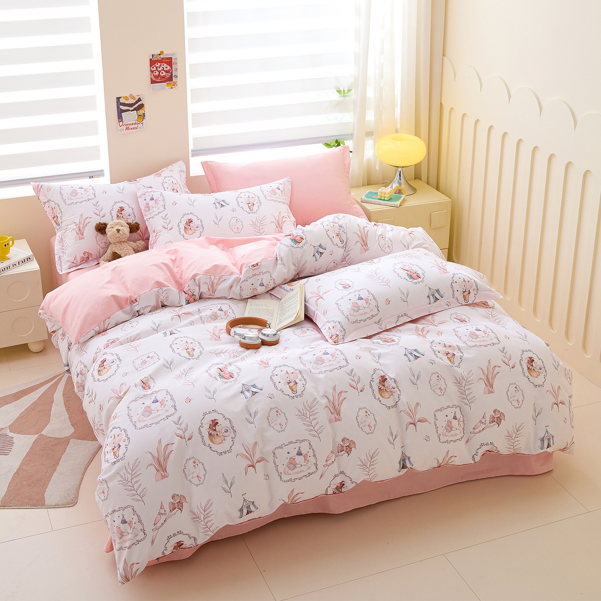 91家纺网 家纺一手货源 找家纺 元元家居（元元被业） 2026新款全棉13372套件及单品【印花款】-单被套 乐园粉