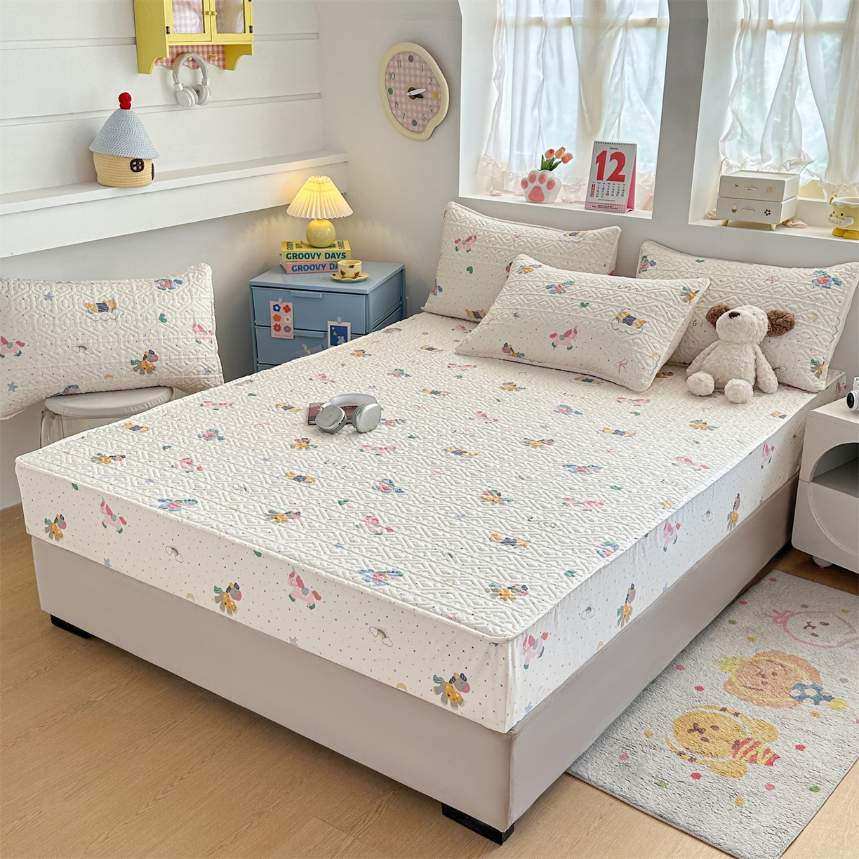 91家纺网 家纺一手货源 找家纺 （总）忘忧草 2026新款清新简约全棉印花夹棉床笠