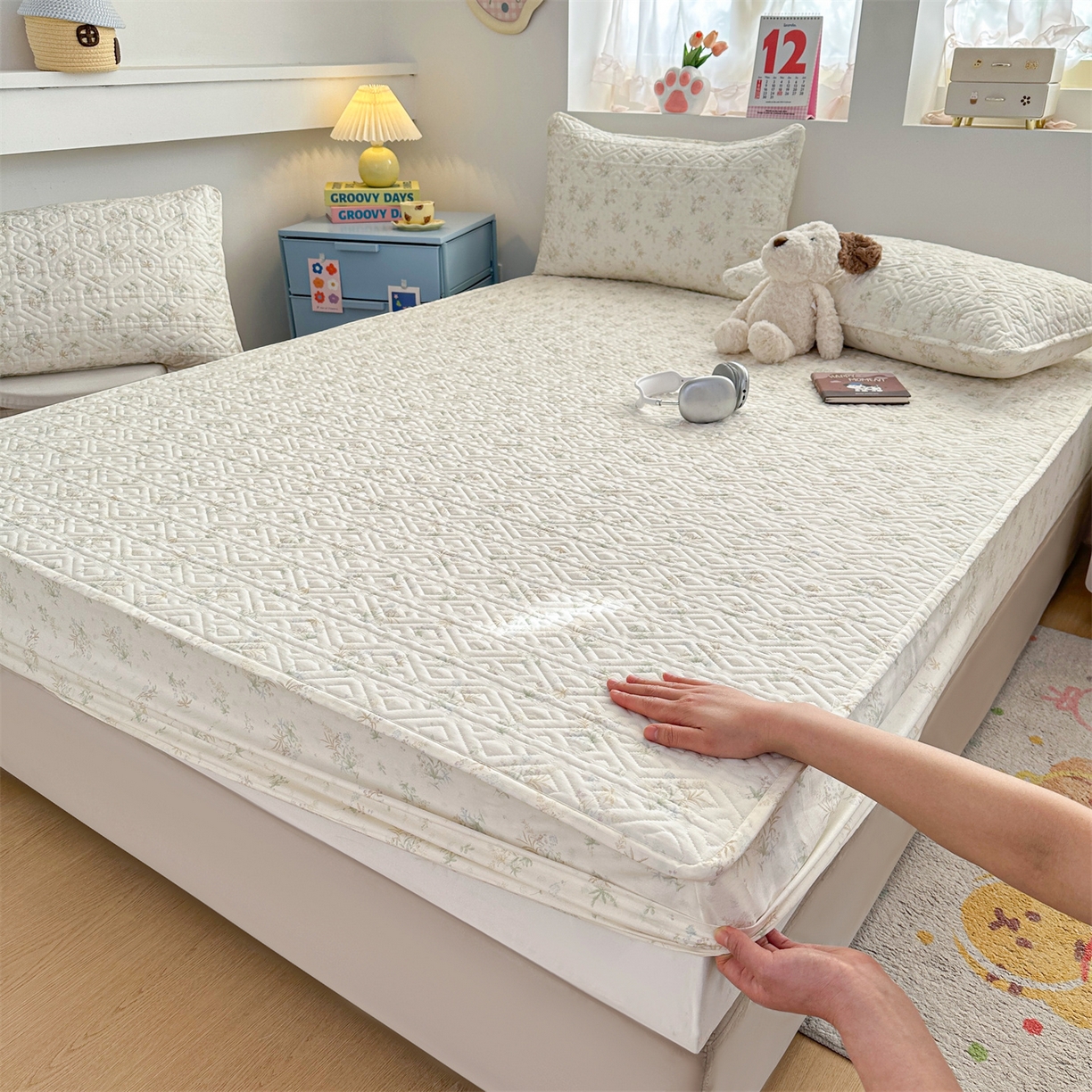 91家纺网 家纺一手货源 找家纺 （总）忘忧草 2026新款清新简约全棉印花夹棉床笠