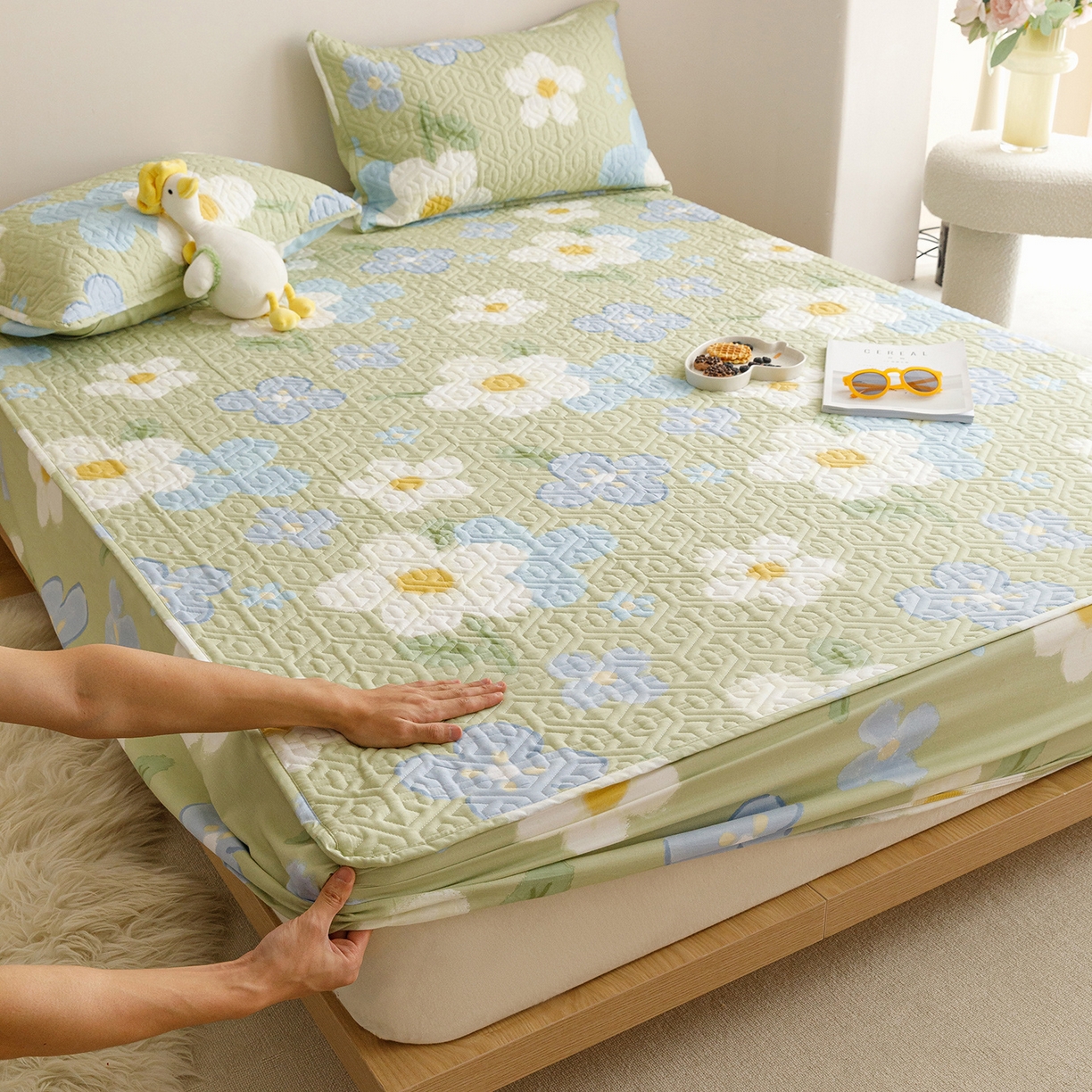 91家纺网 家纺一手货源 找家纺 （总）忘忧草 2026新款清新简约全棉印花夹棉床笠