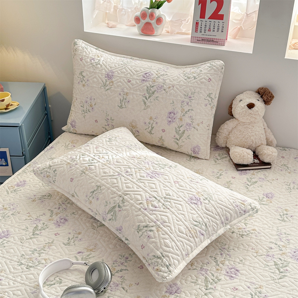 91家纺网 家纺一手货源 找家纺 忘忧草 2026新款清新简约全棉印花夹棉床笠 芜晴花-紫