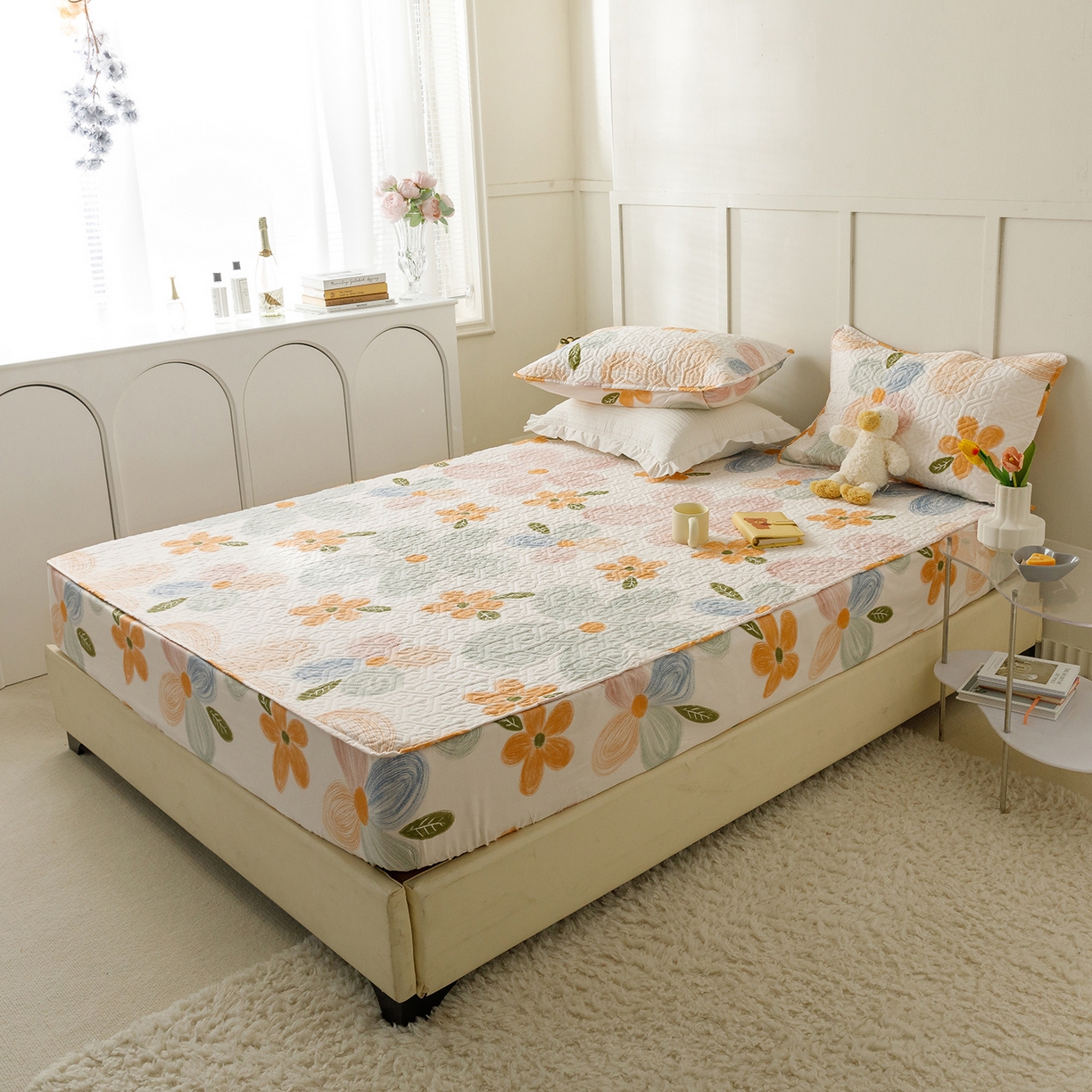 91家纺网 家纺一手货源 找家纺 忘忧草 2026新款清新简约全棉印花夹棉床笠 秋洛