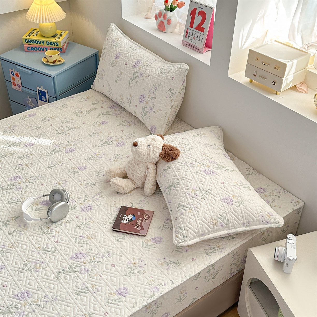 91家纺网 家纺一手货源 找家纺 忘忧草 2026新款清新简约全棉印花夹棉床笠 芜晴花-紫